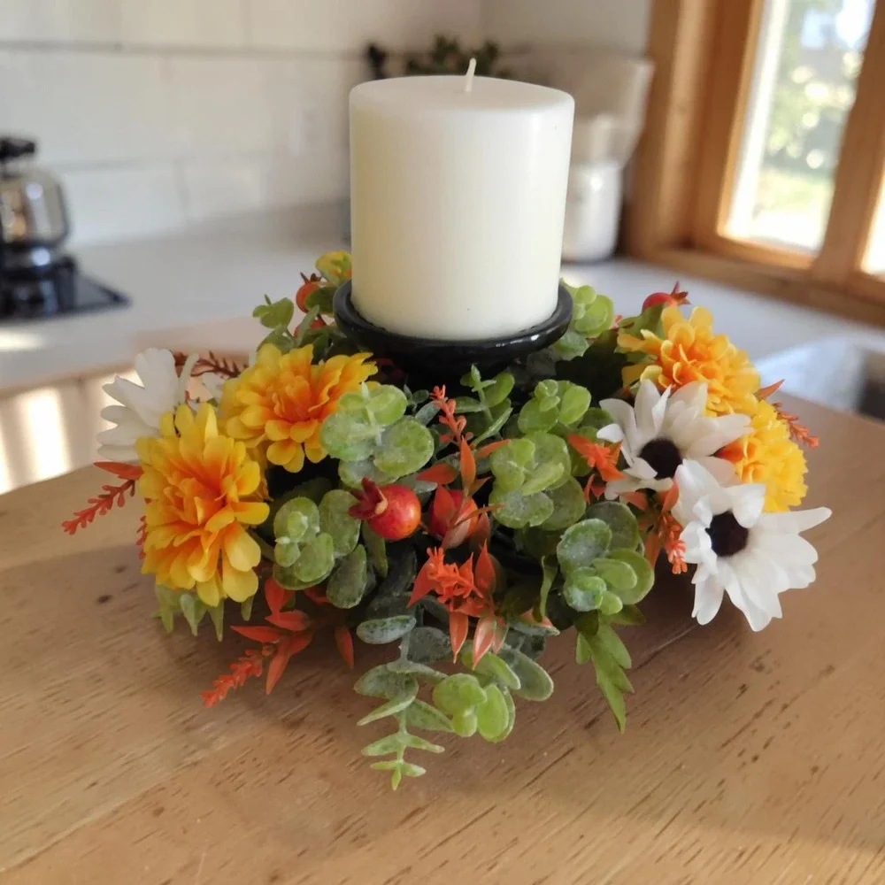 Mini Fall Wreath, Candle Ring, Grapevine Wreath, Year Round Cabinet Decor MIrror